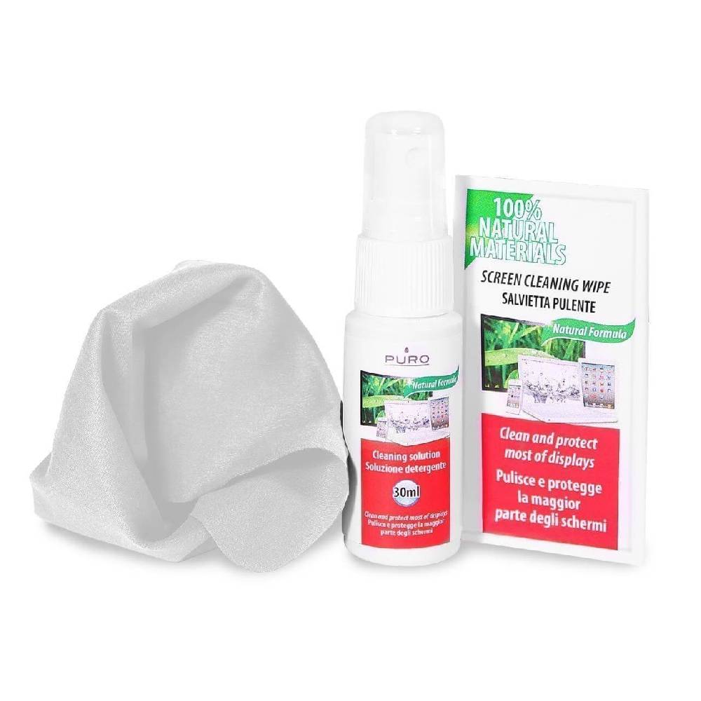 Puro Kit pulizia schermi Spray 30ml, panno microfibra e 10 salviette umidificate