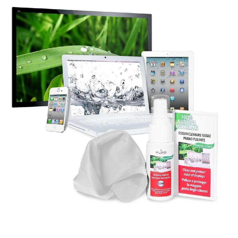 Puro Kit pulizia schermi Spray 30ml, panno microfibra e 10 salviette umidificate Esporta salva