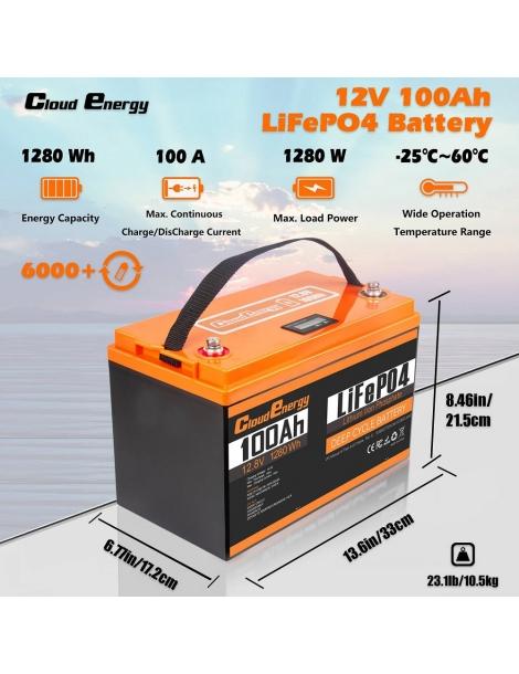 Cloudenergy 12V 100Ah LiFePO4 Battery Pack 1280Wh di energia 6000+ cicli BMS integrato 100A supporto serie/parallelo Novità