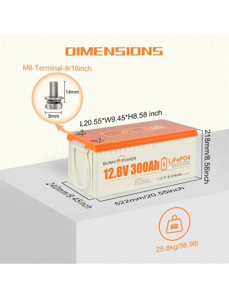 SUNHOOPOWER 12V 300Ah LiFePO4 Batteria energia 3840Wh BMS 200A integrato potenza di carico max. 2560W IP68 Fino al 65% di sconto