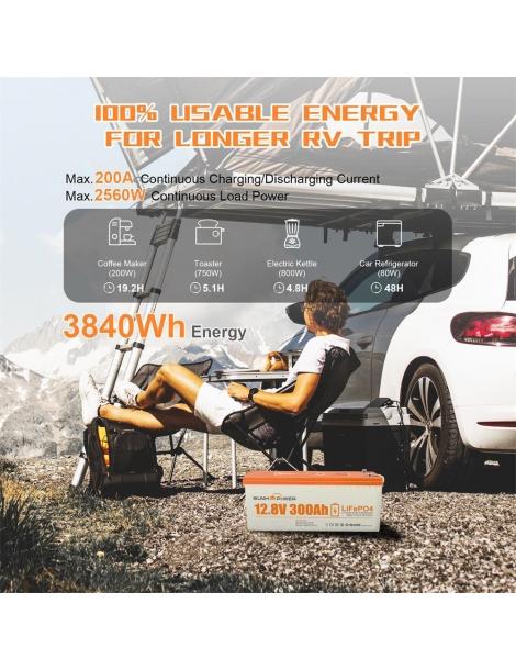 SUNHOOPOWER 12V 300Ah LiFePO4 Batteria energia 3840Wh BMS 200A integrato potenza di carico max. 2560W IP68 Fino al 65% di sconto