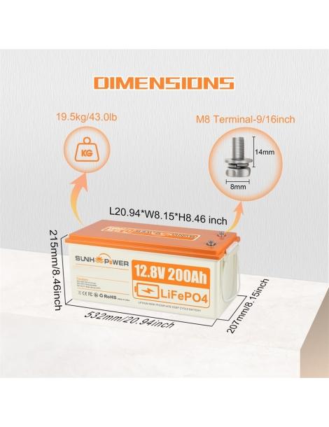 SUNHOOPOWER 12V 200Ah LiFePO4 Batteria energia 2560Wh BMS 100A integrato potenza di carico max. 1280W IP68 Negozio