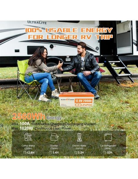 SUNHOOPOWER 12V 200Ah LiFePO4 Batteria energia 2560Wh BMS 100A integrato potenza di carico max. 1280W IP68 Negozio