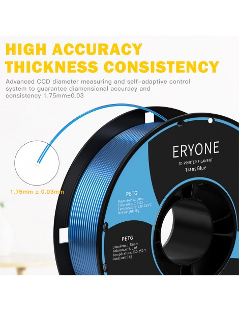 ERYONE PETG Filamento per stampante 3D 1 75mm Tolleranza 0 03mm 1KG(2.2LBS)/Spool - Blu trasparente Moda