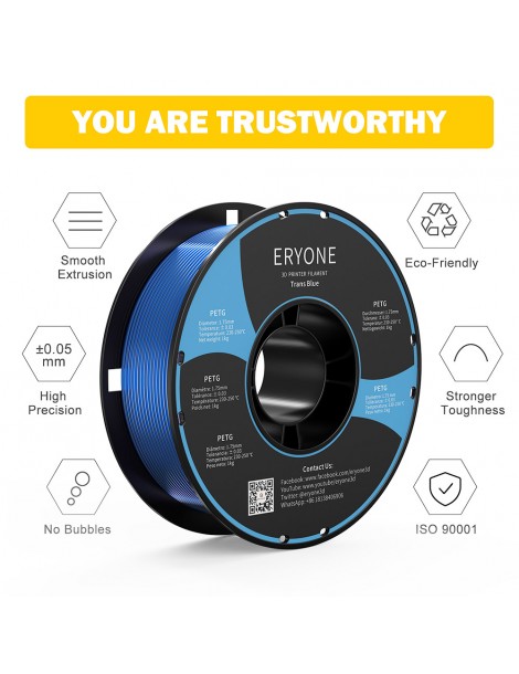 ERYONE PETG Filamento per stampante 3D 1 75mm Tolleranza 0 03mm 1KG(2.2LBS)/Spool - Blu trasparente Moda