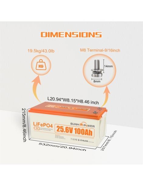 SUNHOOPOWER 24V 100Ah LiFePO4 Batteria energia 2560Wh BMS 100A integrato potenza di carico max. 2560W IP68 Negozi Online