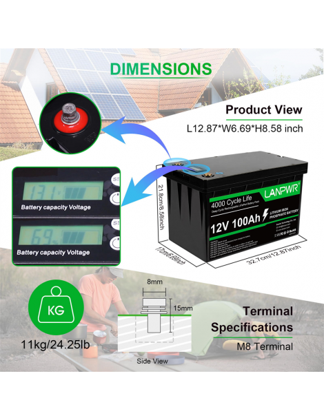 LANPWR Batteria di backup 12V 100Ah LiFePO4 1280Wh di energia 4000 cicli profondi Nuova