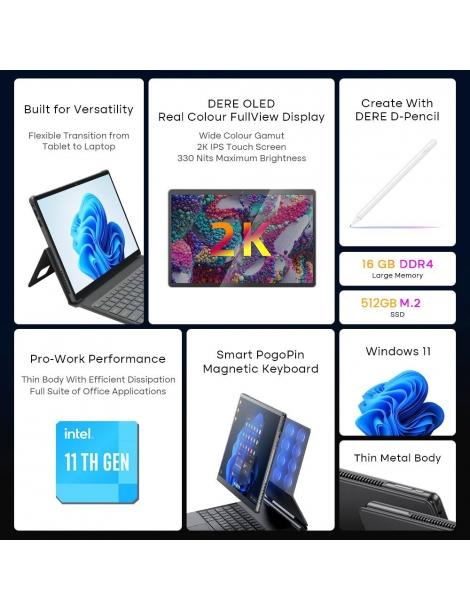 DERE T30 PRO 2-in-1 Laptop 13 pollici 2K IPS Touch Screen Tablet PC/Tastiera magica Penna stilo 16GB DDR4 512GB SSD - Verde Liquidazione